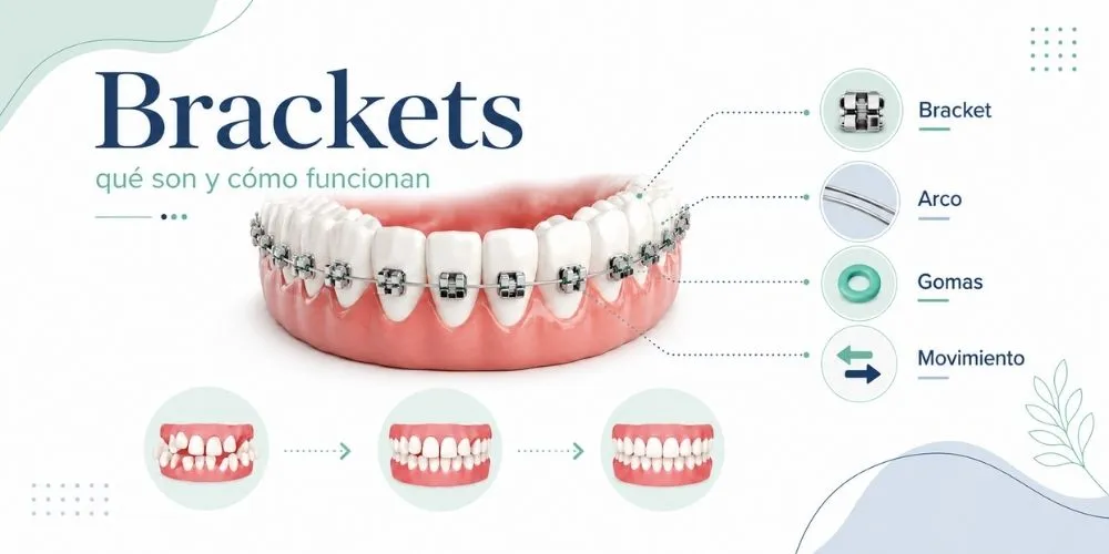 Infographie des bagues : bracket, arc et ligatures, et comment les dents s’alignent pendant le traitement