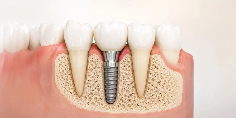 Implante dental de titanio integrado en el hueso con su corona, entre dos dientes naturales