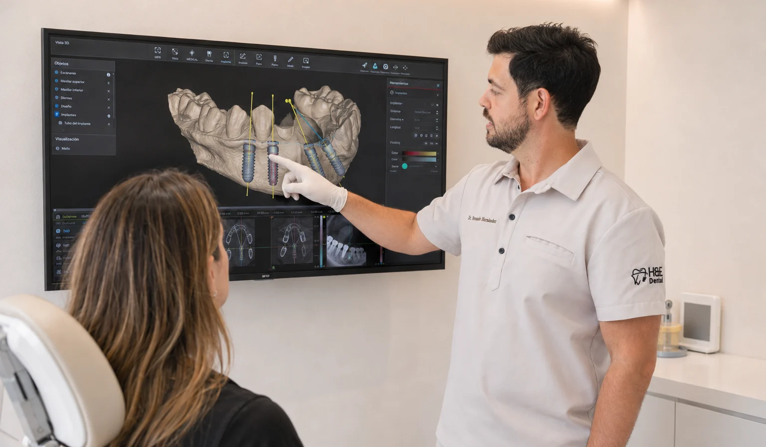 Dr Fernando Hernández showing a patient the 3D plan for her dental implants in Ibi